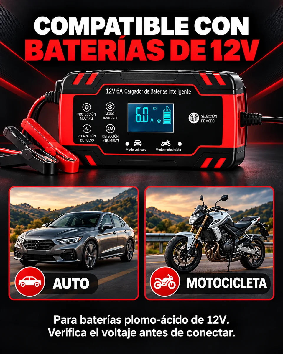 Compatibilidad del cargador 12V 6A con baterías plomo-ácido de automóvil y motocicleta