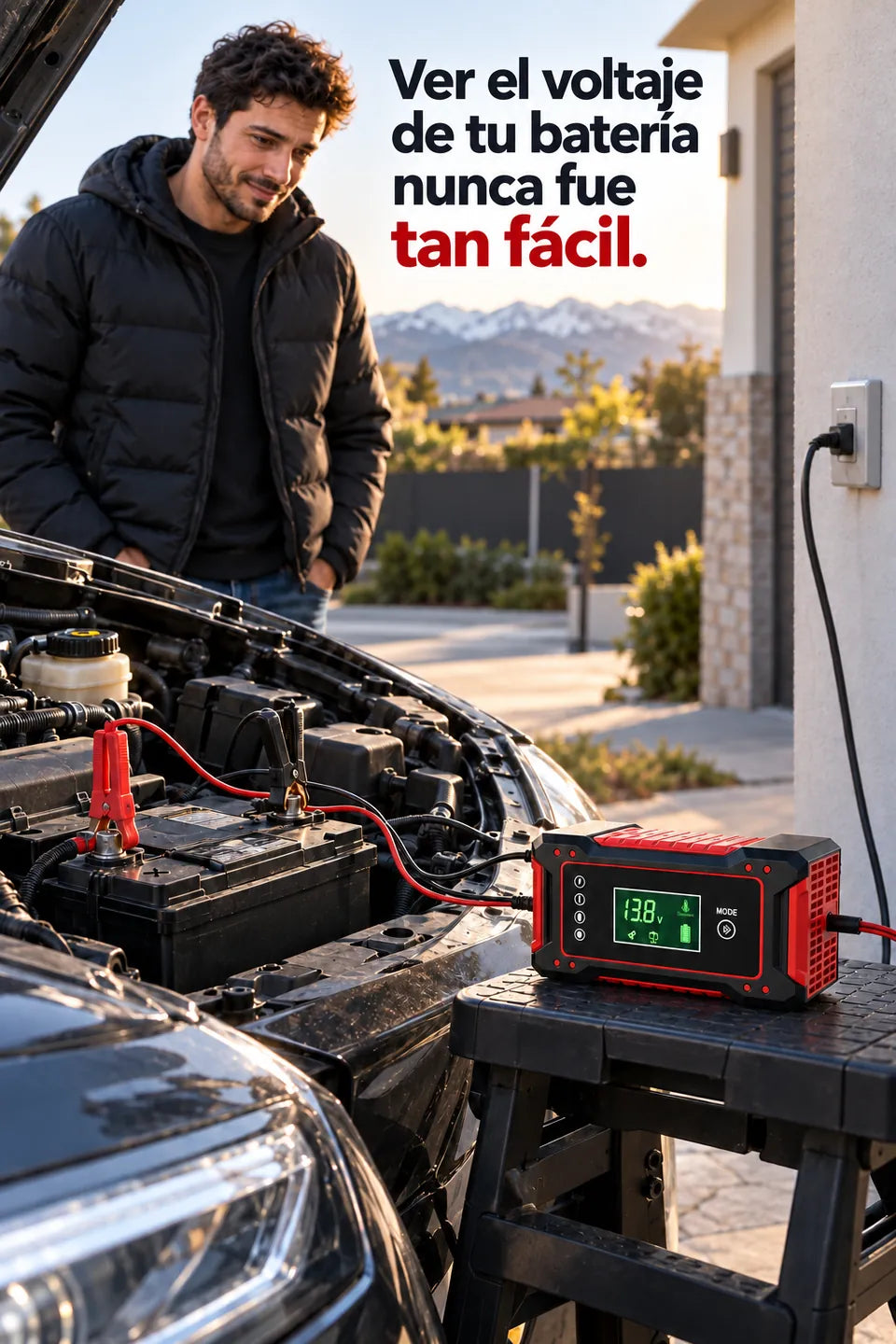 Solución: cargador conectado a un enchufe y a la batería del auto, con pantalla de voltaje