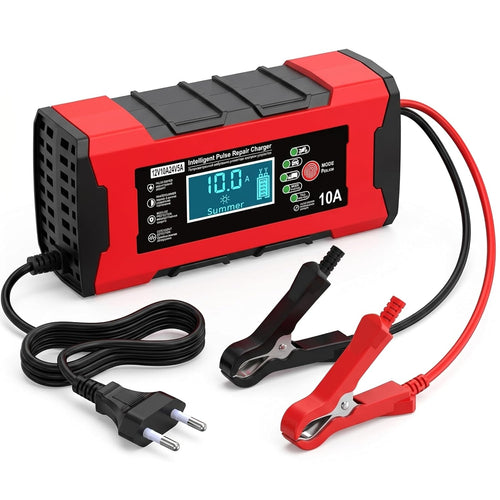 Cargador inteligente de batería de auto 12V con pantalla digital, cable y pinzas roja y negra