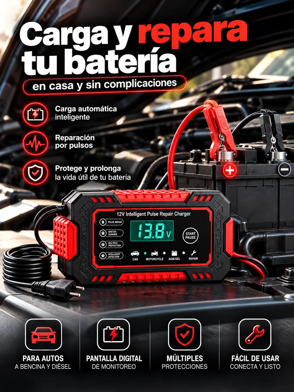 Cargador inteligente de 12V con pantalla y pinzas conectado a una batería