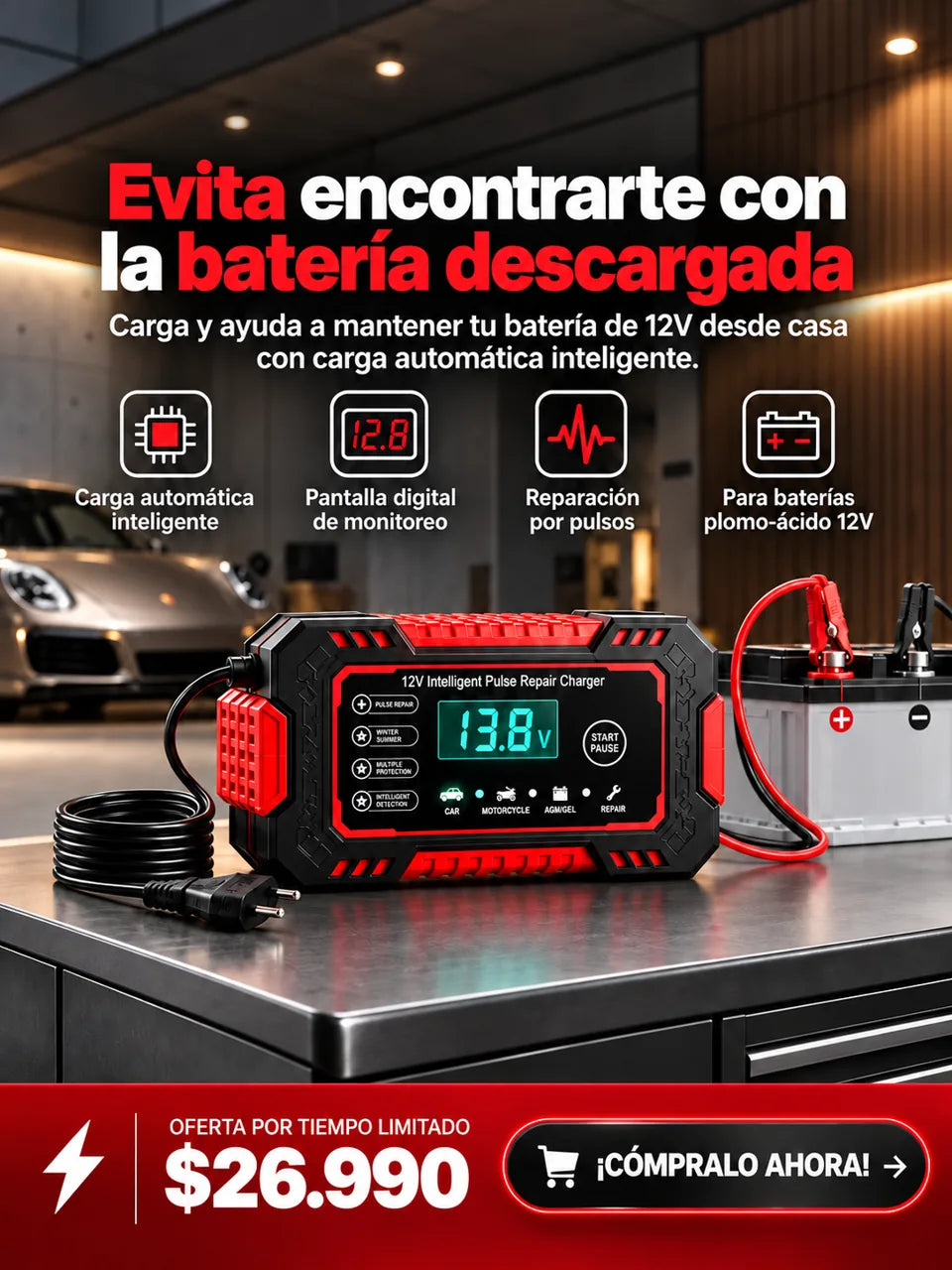 Cargador de batería de 12V en el garaje. Precio de lanzamiento: $26.990